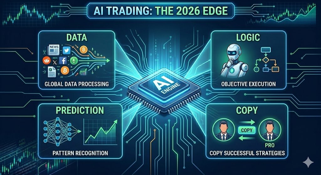 Digital AI brain analyzing real-time stock market financial data for automated trading 2026. AI trading bots analyzing financial charts