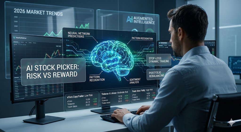 rofessional investor monitoring an AI stock picker dashboard with dynamic stop-loss settings, portfolio balancing charts, and AI trading tools for eToro and Tickeron.