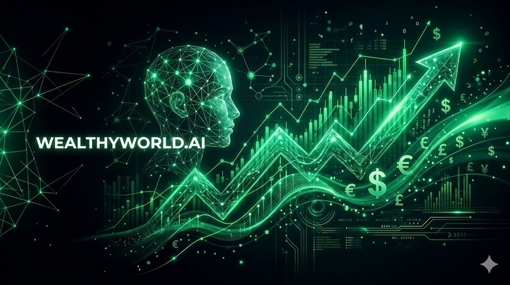 WealthyWorld.ai - Futuristic AI financial background featuring a glowing emerald green neural network head, rising stock market charts, and currency symbols on a dark background.