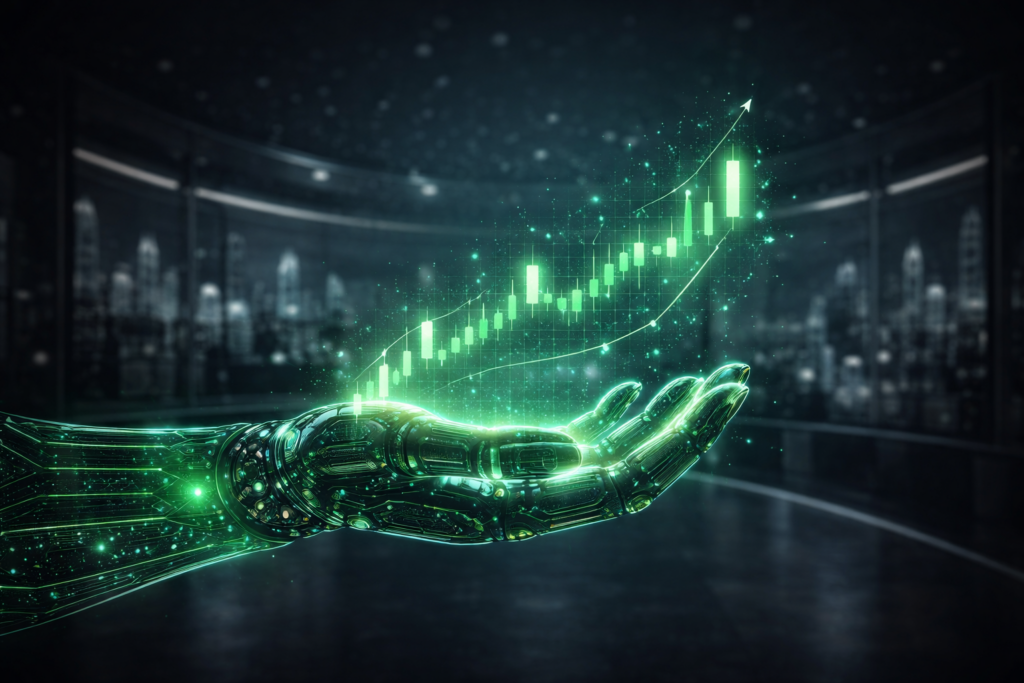 AI tools for online income visual showing robotic hand and upward financial graph