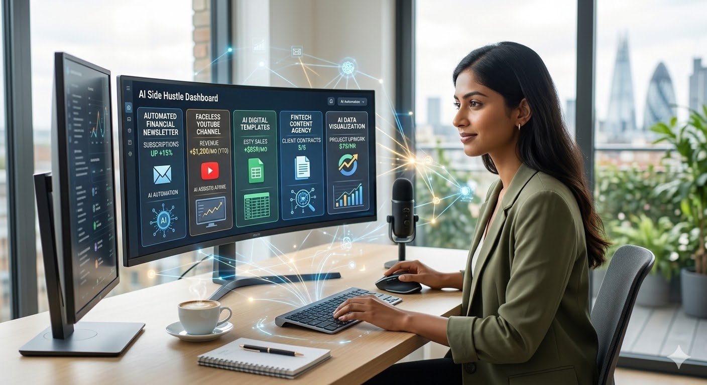 AI Side Hustles 2026 dashboard displaying automated passive income streams, faceless channels, and digital products on WealthyWorld.ai