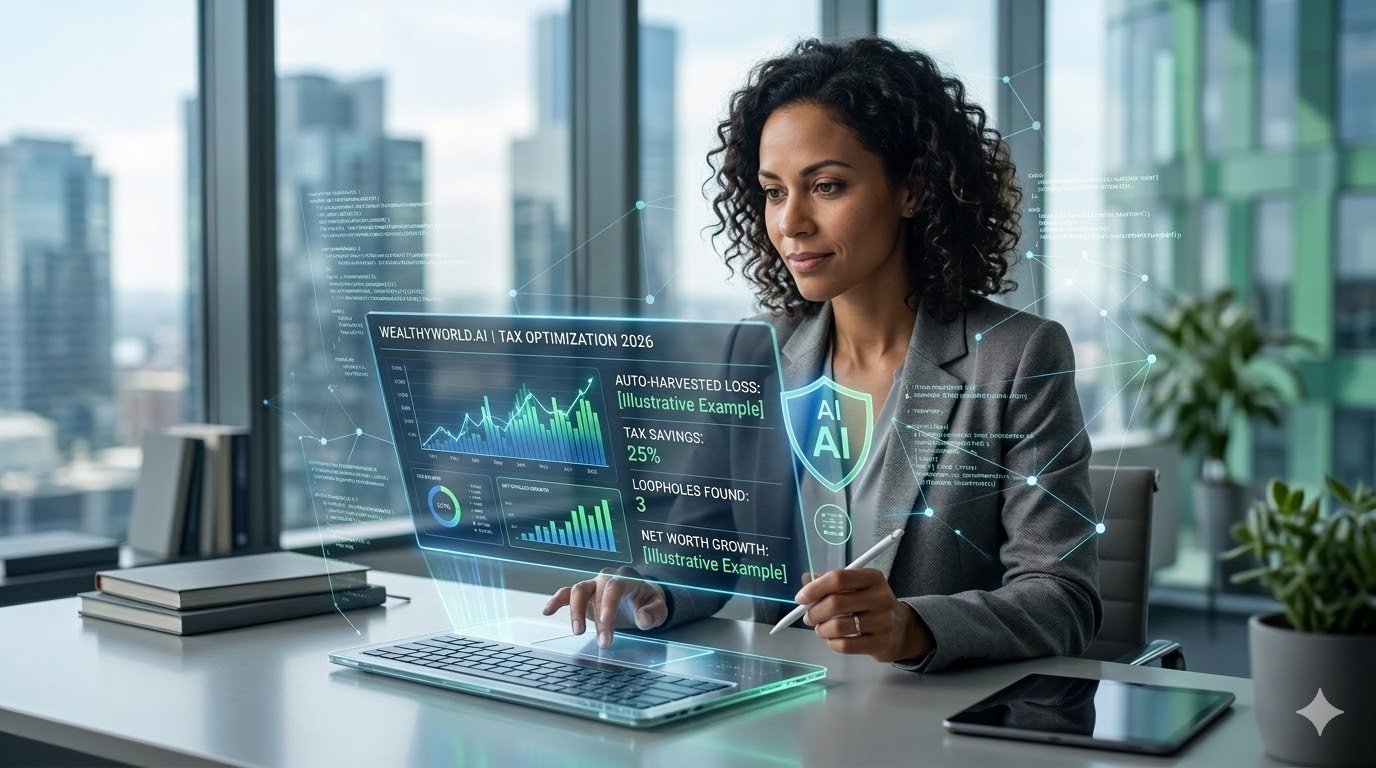 AI Tax Optimization 2026 dashboard displaying automated tax savings, loopholes found, and net worth growth on WealthyWorld.ai
