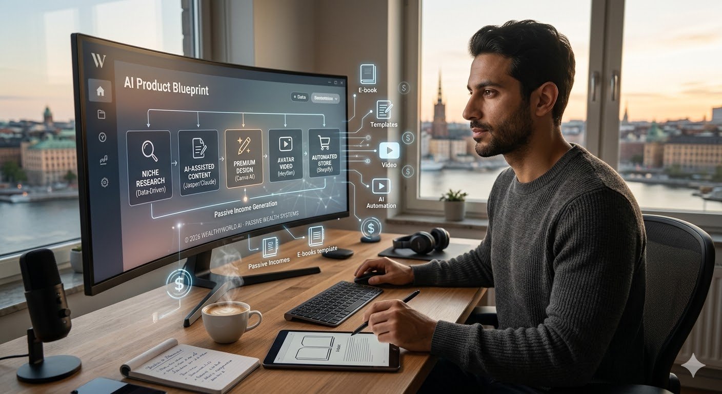 A male entrepreneur of mixed Middle Eastern/European descent analyzing AI digital products blueprint dashboard in a realistic home office in London, United Kingdom, in 2026.