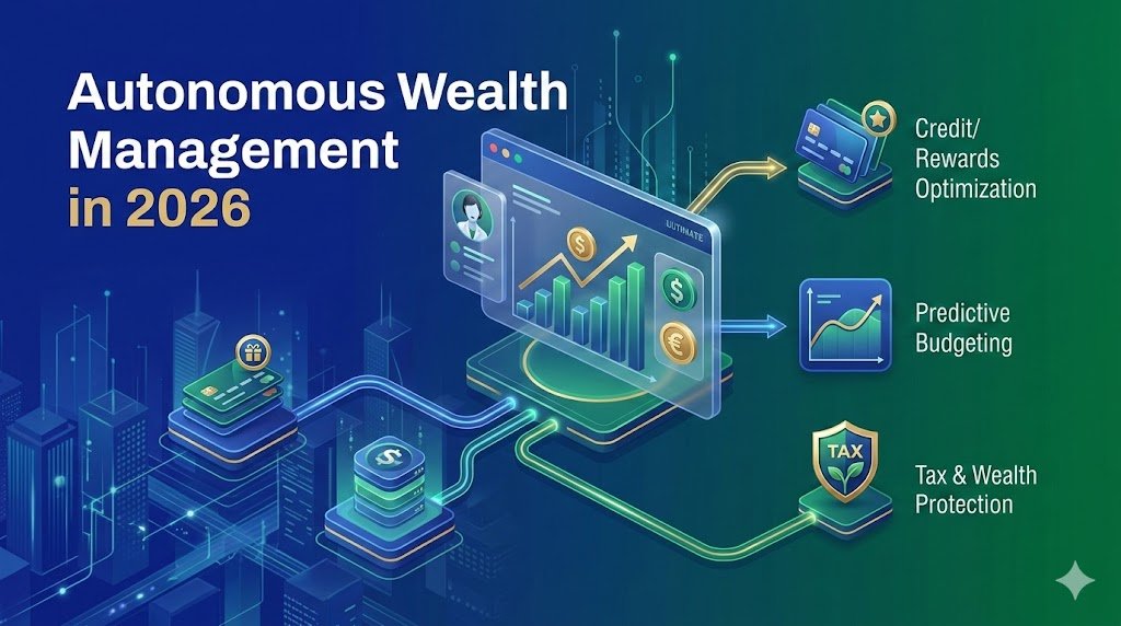 A futuristic digital dashboard for 2026 autonomous wealth management, featuring AI modules for credit card rewards optimization, predictive budgeting, and automated tax protection.