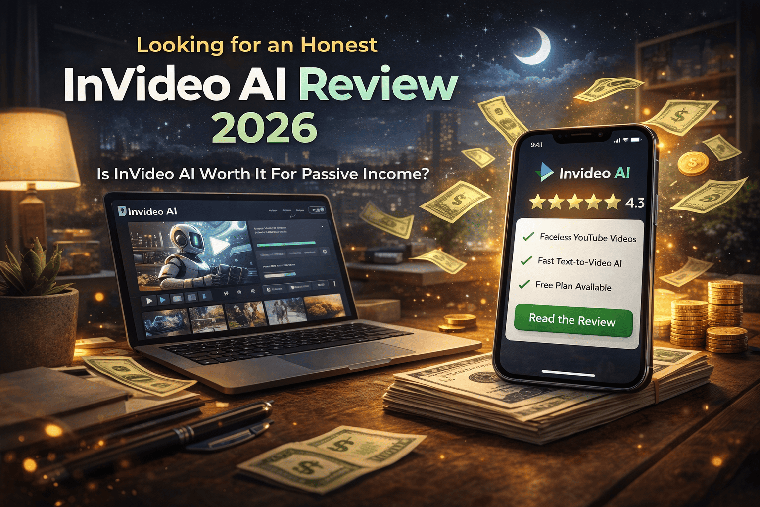 InVideo AI review 2026 feature image showing AI video creation platform on phone and laptop with passive income concept